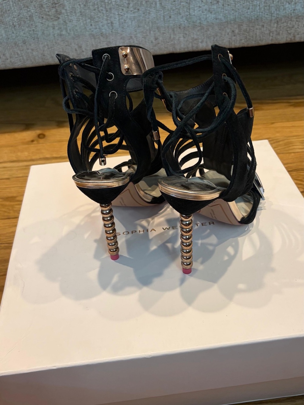 Sophia Webster Black Suede Lace-Up Heels with Gold Spiral Column